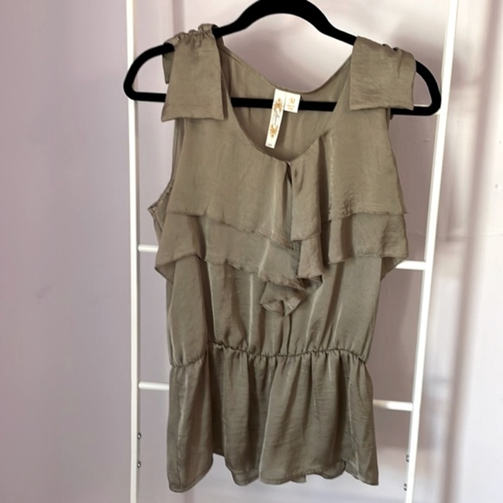 Adiva Ruffles Sleeveless Tiered Blouse/Top, Taupe color, Medium